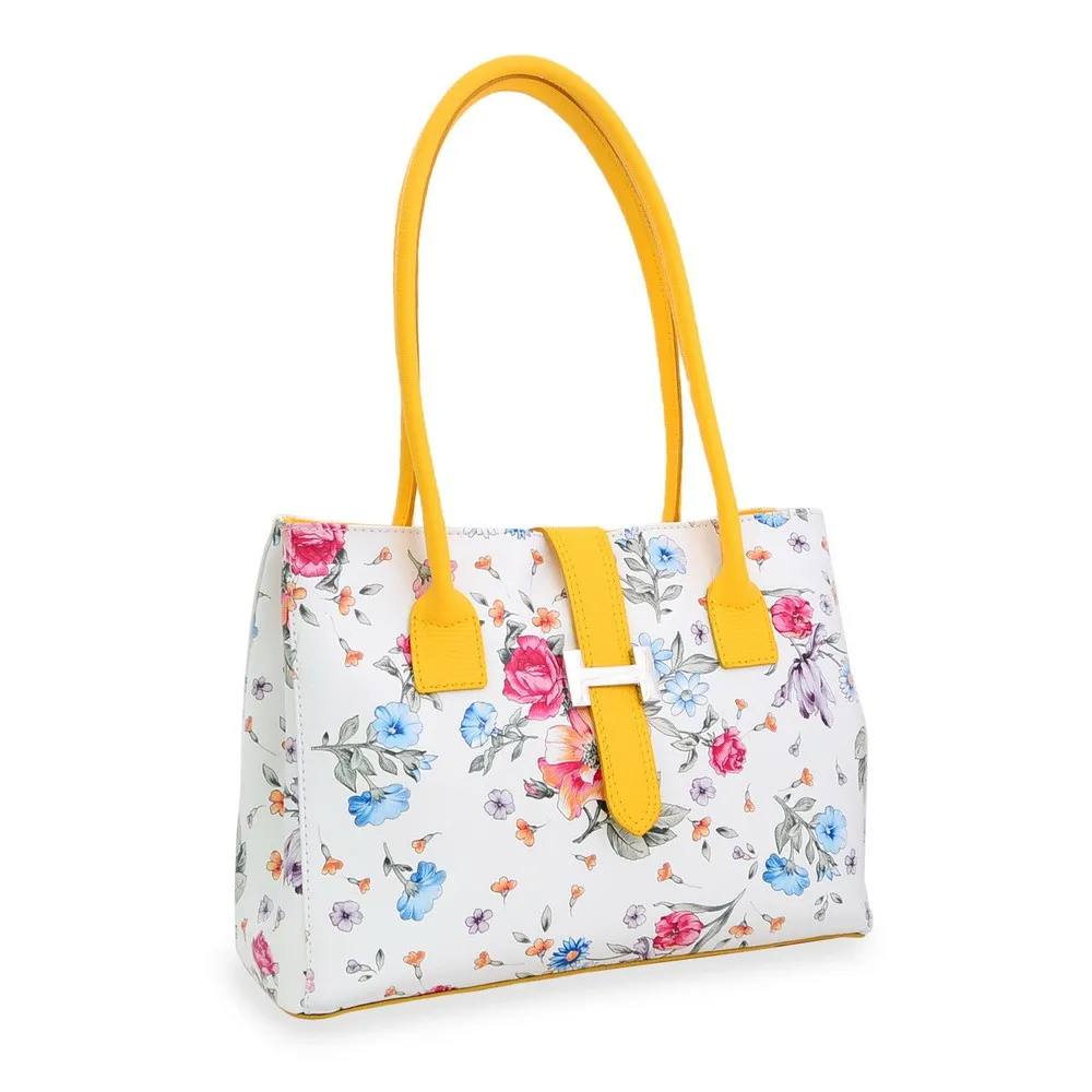 Geanta Strange Flowers — Alb floral + manere galbene